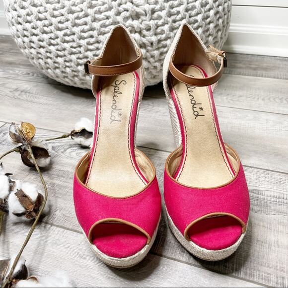 Splendid Canvas Peep Toe Ankle Strap Espadrille Wedges Red Tan Size 10M - Picture 3 of 9